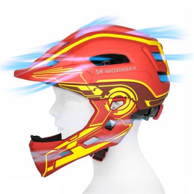 4. Kask rowerowy fullface dziecięcy Wozinsky z tylną lampką USB 52-56 cm - czerwono-żółty