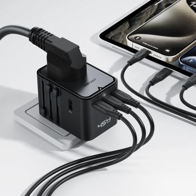 6. Adapter podróżny Acefast Z8 GaN 45W podróżna ładowarka sieciowa 3x USB-C + 2x USB-A z gniazdkiem AC 2500W - czarna