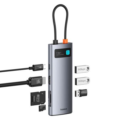5. Hub USB-C Baseus Metal Gleam 7w1 HDMI 4K 60Hz / 3x USB 3.0 / USB-C PD / SD / microSD – szary