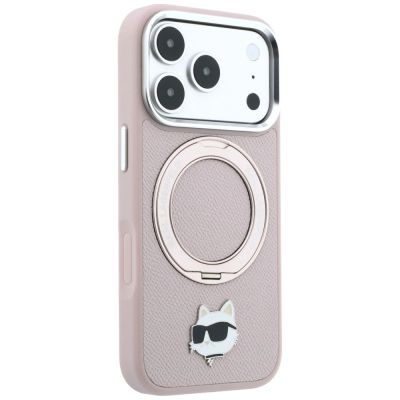 4. Etui Karl Lagerfeld with Ring Stand 360 Choupette Head Pin MagSafe na iPhone 18 Pro Max / 17 Pro Max - różowe