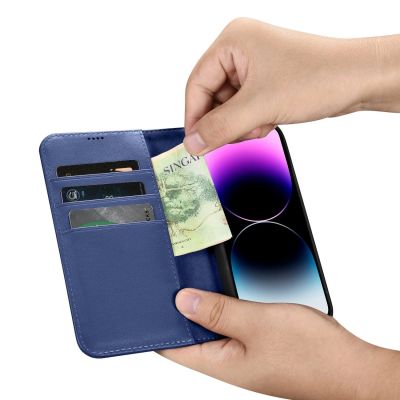 16. iCarer Wallet Case 2in1 etui iPhone 14 Pro Max skórzany pokrowiec z klapką Anti-RFID niebieski (WMI14220728-BU)