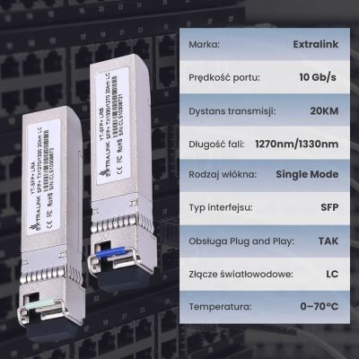 6. Extralink Moduł SFP+ WDM SFP+ 10G 10Gbps 1270/1330nm, single mode, 20km, LC, DOM, para