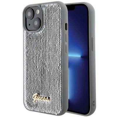Etui Guess Sequin Script Metal na iPhone 15 - srebrne