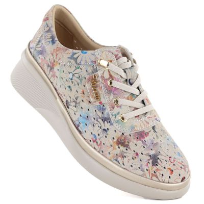 Skórzane półbuty damskie ażurowe na koturnie beżowe Vinceza 79603