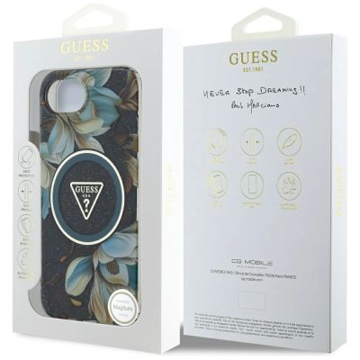 8. Etui Guess IML Metal Glitter Flowers Triangle MagSafe na iPhone 16e - czarne