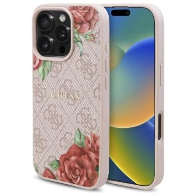 Etui Guess 4G Flowers Print MagSafe na iPhone 16 Pro 6.3" - różowe