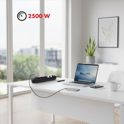 9. MACLEAN LISTWA ZASILAJĄCA, PRZEDŁUŻACZ5 GNIAZD + 3XUSB, 110-240V AC 50/60HZ, 2.1A MAX 2500W, 1,5M, CZARNA MCE395 B