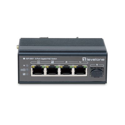 5. 5-portowy gigabitowy przełącznik przemysłowy LevelOne - Szyna DIN - -30°C do 65°C - Gigabit Ethernet (10/100/1000) - Pełny dupleks - Power over Ethernet (PoE) - Uchwyt ścienny (IGP-0501)