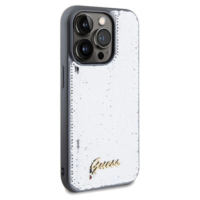4. Etui Guess Sequin Script Metal na iPhone 14 Pro Max - srebrne
