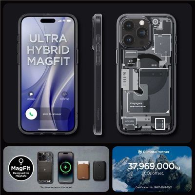 10. Etui Spigen Ultra Hybrid Mag z MagSafe na iPhone 15 Pro - ciemnoszare (wzór Zero One)