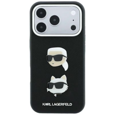 3. Etui Karl Lagerfeld Saffiano with Karl & Choupette Heads Pins & Logo na iPhone 18 Pro / 17 Pro - czarne