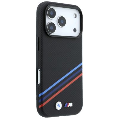 4. Etui BMW M Quadrille Kevlar Print Tricolor Lines & Metal Logo MagSafe na iPhone 18 Pro / 17 Pro - czarne
