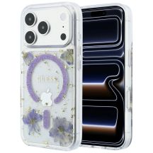 Etui Guess Resin Flowers Glitter MagSafe na iPhone 18 Pro / 17 Pro - fioletowe
