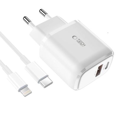 2. Ładowarka Tech-Protect C20W sieciowa USB-C PD 20W / USB-A QC 3.0 z kablem USB-C / Lightning - biała