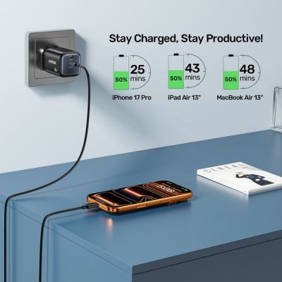 38. UNITEK ŁADOW. SIECIOWA 2X GAN 45W, 2XUSB-C PD 3.0, QC, CZARNA