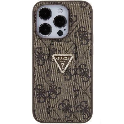 4. Etui Guess Grip Stand 4G Triangle Strass na iPhone 15 Pro - brązowe