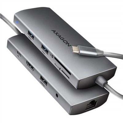 10. AXAGON HMC-8HLSA Wieloportowy koncentrator USB-C 3.2 Gen 1, 3x USB-A + 4K/60Hz HDMI + SD/microSD, Gigabit LAN, Audio, PD 100W - Srebrny