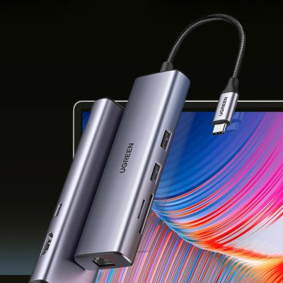 7. Adapter Ugreen CM512 90568 USB-C - 2x USB-A 3.0 / HDMI / RJ45 / czytnik kart SD i TF / USB-C PD 100W - szary