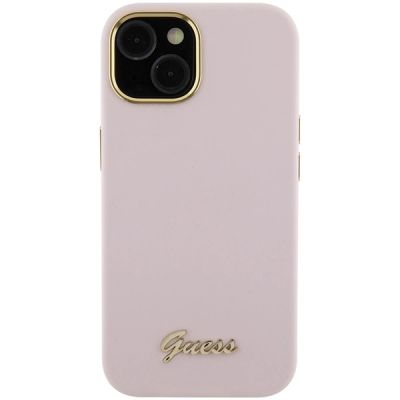 3. Etui Guess Silicone Script Metal Logo & Frame do iPhone 15 - różowe