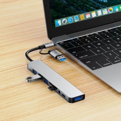 7. Adapter Tech-Protect HB06 HUB Adapter 8w1 TYP-C + USB2.0 + USB3.0 + SD/TF + AV3.5 - szary