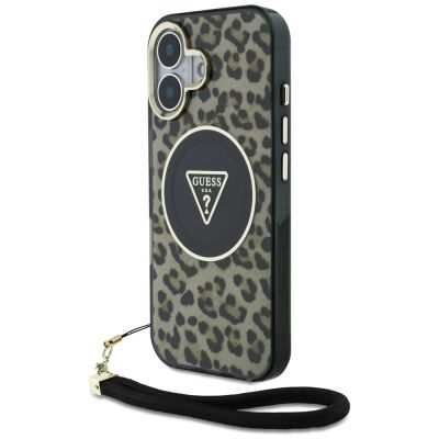 Etui Guess HC IML Leopard Triangle Cord Strap MagSafe do iPhone 16  - brązowe