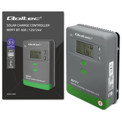 11. Solarny regulator ładowania MPPT Qoltec 53662 z czujnikiem temperatury 30A 12V/24V LCD 2xUSB Bluetooth APP GEL LiFePO4