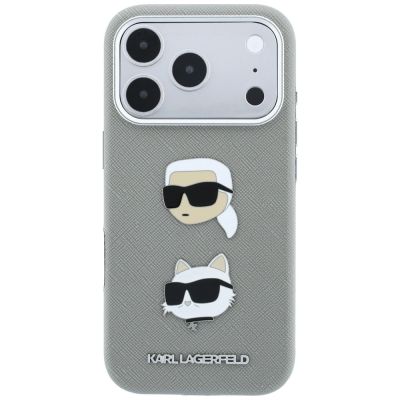 3. Etui Karl Lagerfeld Saffiano with Karl & Choupette Heads Pins & Logo na iPhone 18 Pro / 17 Pro - szare