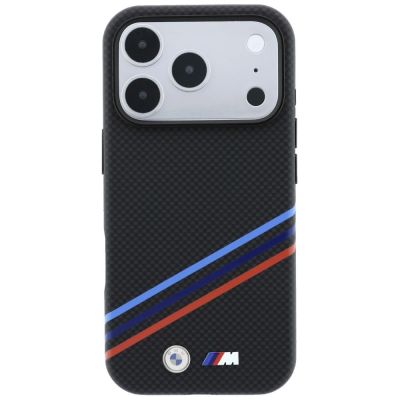 3. Etui BMW M Quadrille Kevlar Print Tricolor Lines & Metal Logo MagSafe na iPhone 18 Pro Max / 17 Pro Max - czarne