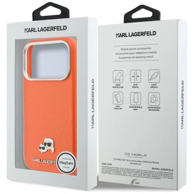 8. Etui Karl Lagerfeld Karl & Choupette Head Pins Saffiano MagSafe na iPhone 17 Pro - pomarańczowe