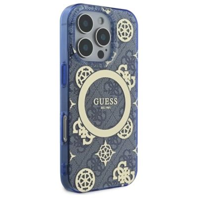 4. Etui Guess IML Peony On 4G Background MagSafe na iPhone 16 Pro - niebieskie