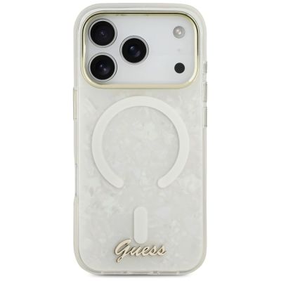 3. Etui Guess IML Shell Script Metal MagSafe na iPhone 17 Pro Max - białe