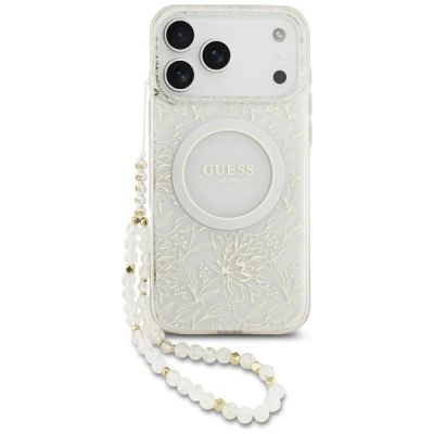 Etui Guess IML Flowers Allover Electroplated with Pearl Strap MagSafe na iPhone 18 Pro Max / 17 Pro Max - białe