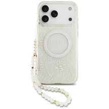 Etui Guess IML Flowers Allover Electroplated with Pearl Strap MagSafe na iPhone 18 Pro Max / 17 Pro Max - białe