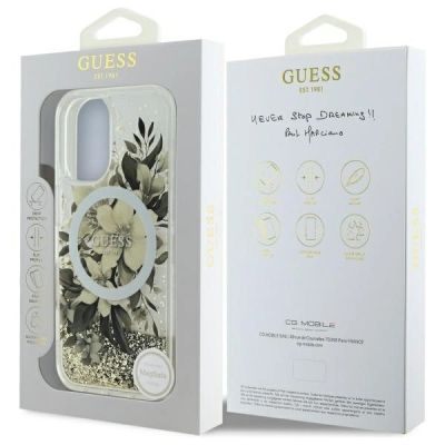 8. Etui Guess Liquid Glitter Flower MagSafe na iPhone 16 - beżowe