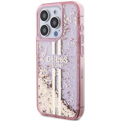 2. Etui Guess Liquid Glitter Gold Stripes na iPhone 15 Pro - różowe