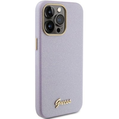 4. Etui Guess Glitter Glossy Script do iPhone 15 Pro - liliowe