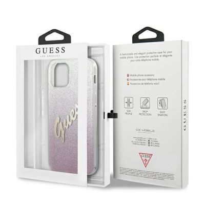 8. Etui Guess Glitter Gradient Script na iPhone 12 Pro Max - różowe