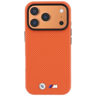 3. Etui BMW M Quadrille Kevlar Metal Logo MagSafe na iPhone 17 Pro Max / 18 Pro Max - pomarańczowe