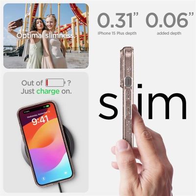 4. Etui Spigen Liquid Crystal Glitter na iPhone 15 Plus - różowo-przezroczyste