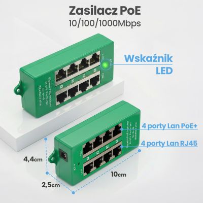 21. Extralink Gigabit PoE Injector 4 Portowy Aktywny, 4 porty Gigabit 802.3at/af, Mode A