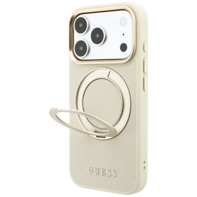 2. Etui Guess Ring Stand 360 Grained Classic Logo MagSafe na iPhone 18 Pro Max / 17 Pro Max - beżowe