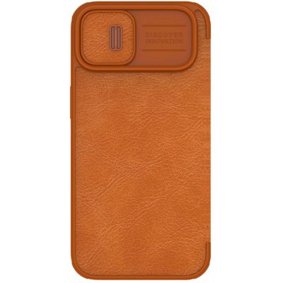 4. Nillkin Qin Leather Pro Case etui iPhone 14 Plus osłona na aparat kabura pokrowiec obudowa z klapką brązowy