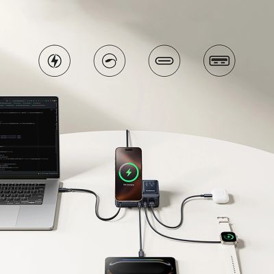 13. Stacja ładująca Baseus NOMOS 140W Qi2 5w1 bezprzewodowa ze zwijanym kablem USB-C i wyświetlaczem cyfrowym - czarna