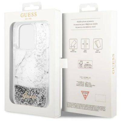8. Etui Guess Liquid Glitter Marble na iPhone 14 Pro - białe