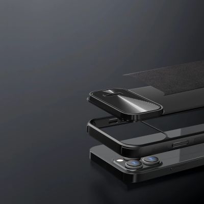 12. Nillkin CamShield Leather S Case etui iPhone 14 Pro Max pokrowiec z osłoną na aparat czarny