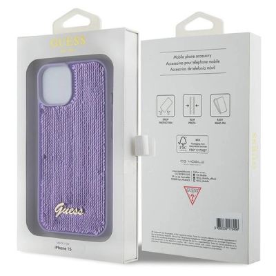 8. Etui Guess Sequin Script Metal na iPhone 15 - fioletowe