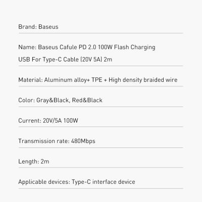 20. Kabel Baseus CATKLF-AL91 USB-C - USB-C PD QC 100W 5A 480Mb/s 2m - czarno-czerwony