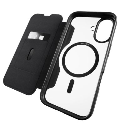 10. Etui skórzane Puro Book Mag MagSafe z klapką i schowkiem na karty do iPhone 16 - czarne