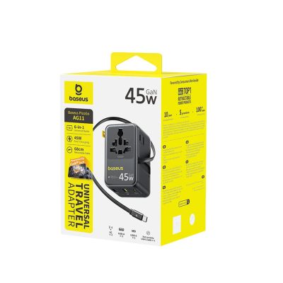 4. Adapter podróżny Baseus PicoGo AG11 45W 6w1 ze zwijanym kablem USB-C - czarny