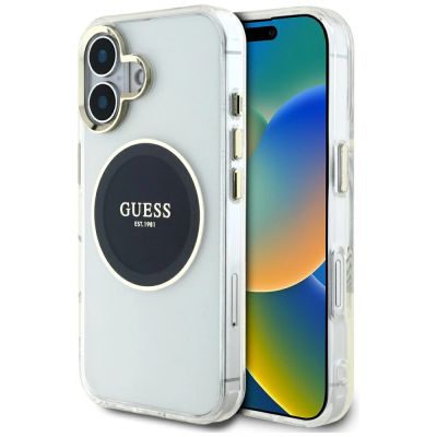 Etui Guess IML Metal Colored Circle Classic Logo MagSafe na iPhone 16 - czarne